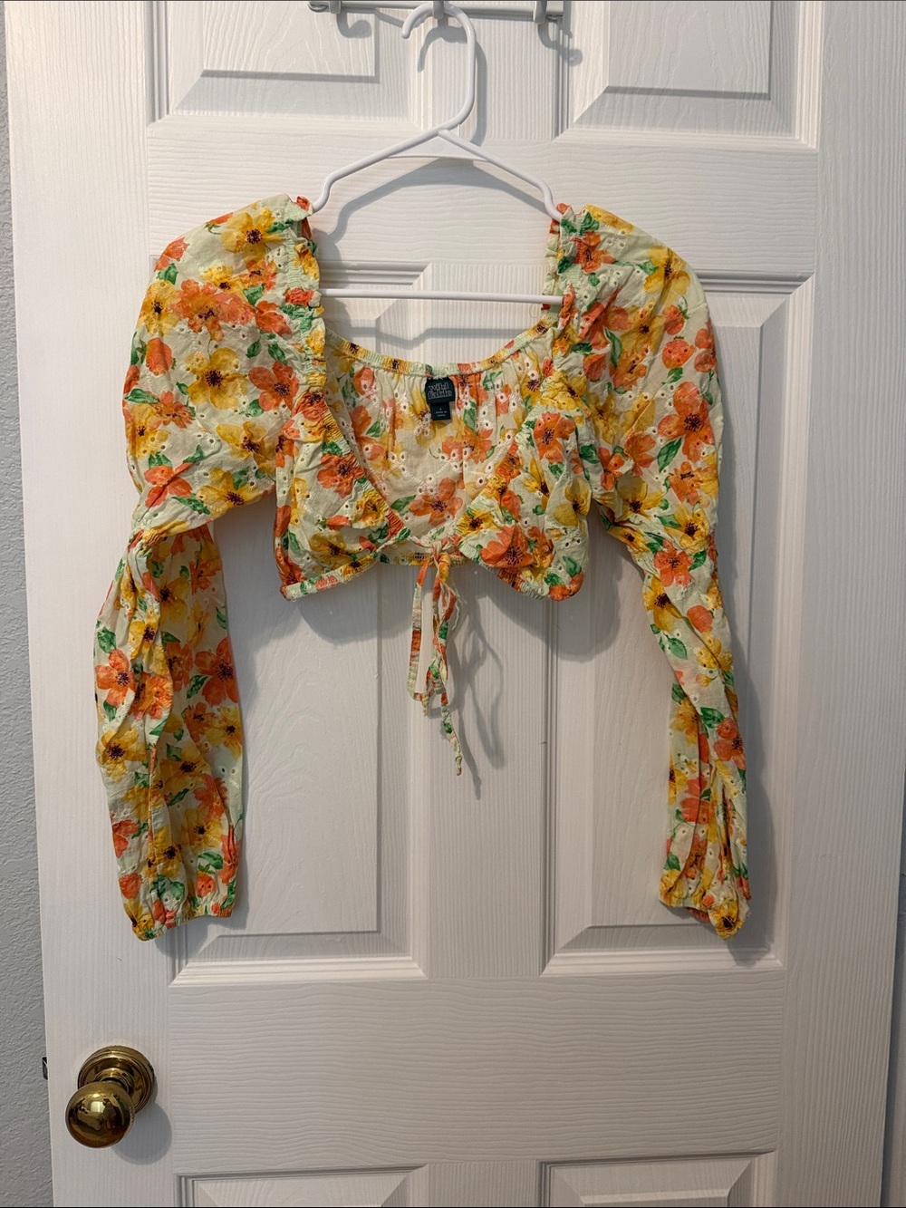 Target Floral Tie-Front Puff Sleeve Crop Top — Yellow, Orange & Cream